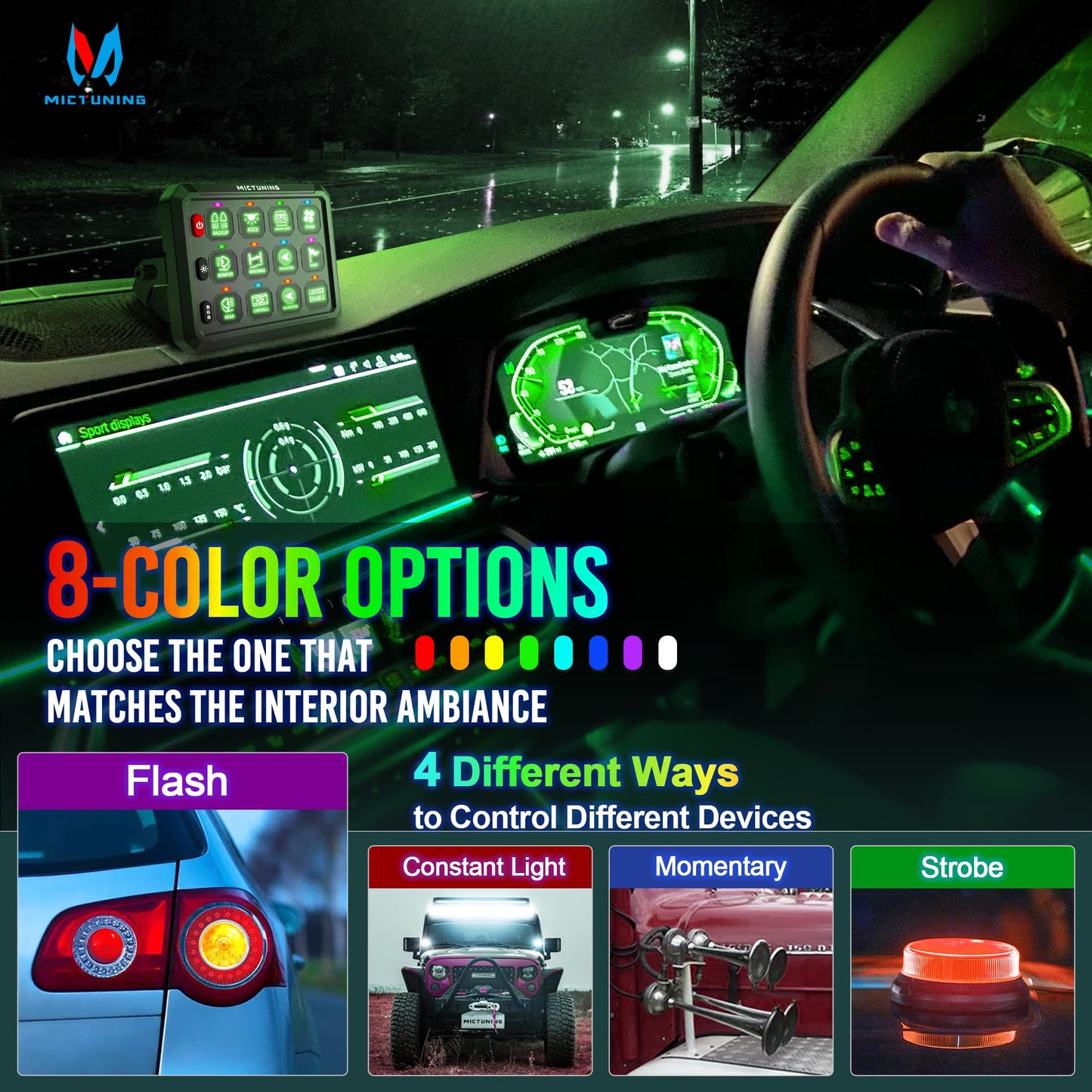 MICTUNING P1s RGB 5 Inch 12 Gang Switch Panel, High Power 6 Level Brightness Multifunction Toggle Switch Momentary Circuit Control Relay System Box for Truck RV Offroad Marine, w/Silicone Cover