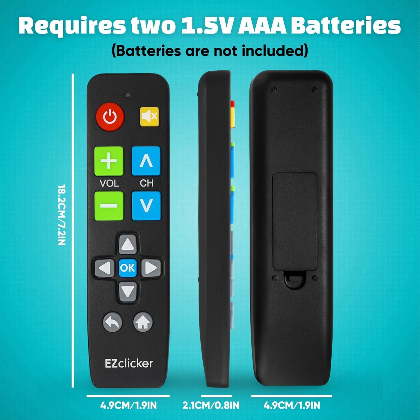 EZClicker (2xAAA Big Button Universal TV Remote (Black) Simple Easy to Use, Great for Seniors, Works with Major TV