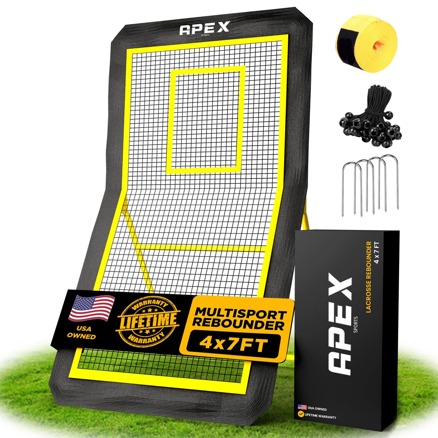 Apex Sports Professional Lacrosse Rebounder Volleyball Rebounder (4x7 Feet) - Adjustable 5 Angles, Soccer and Baseball Rebounder Practice Net with Precision Target Strip, Sturdy Frame