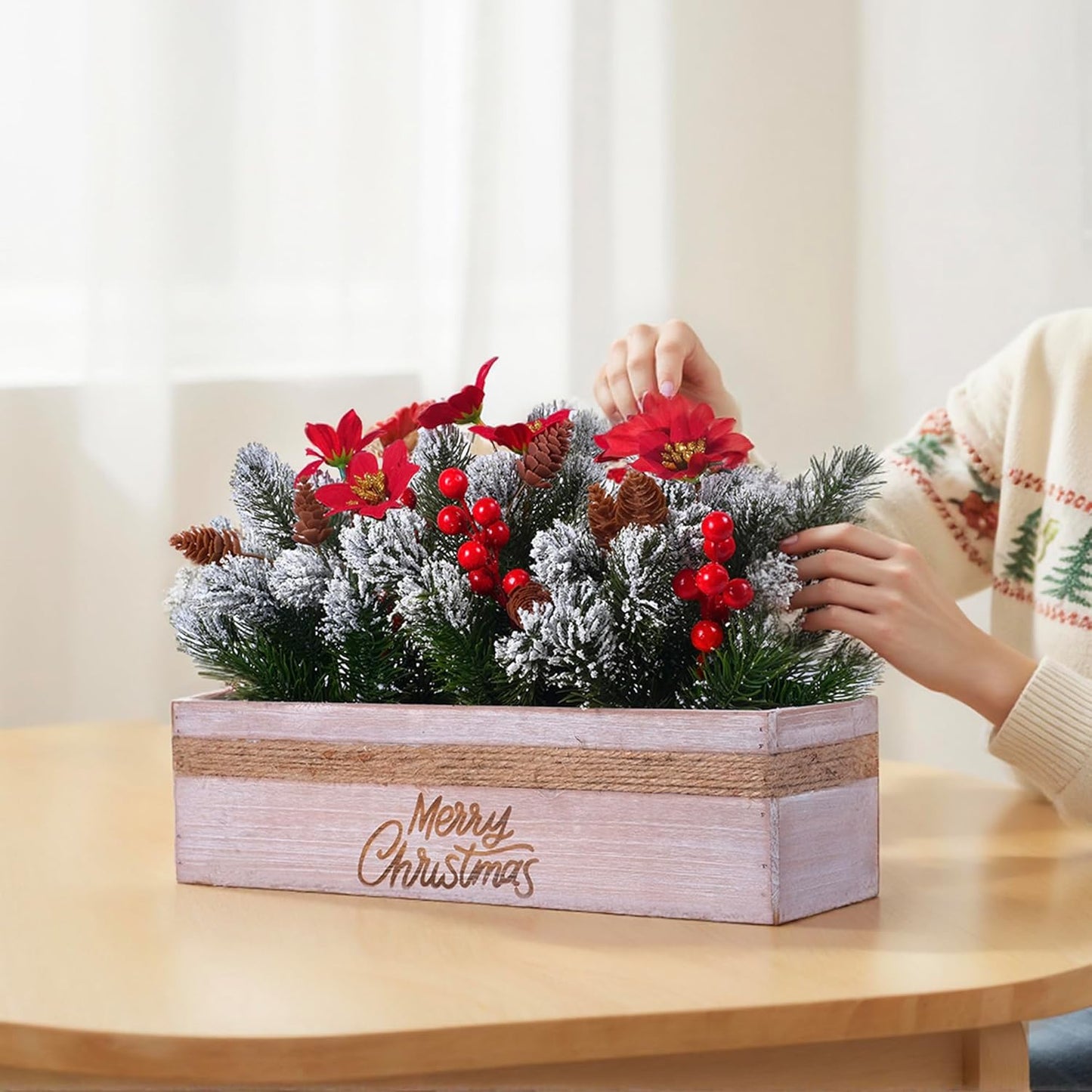 SVENJBB Christmas Table Centerpiece - Red Poinsettias & Snowy Norfolk Pine in Wooden Box | Festive Holiday Decor
