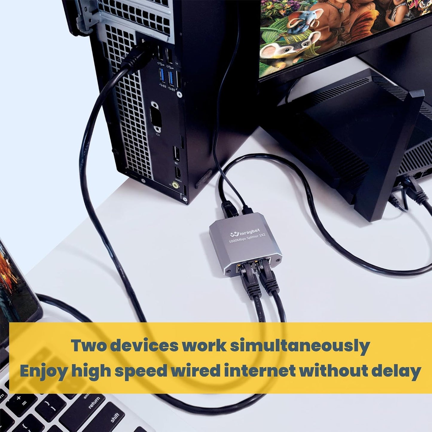 WinRaybot 1 2 RJ45 6/7/8 Ethernet Splitter to Gigabit Network Adapter Compatible with Cat Cable for Router PC Laptop