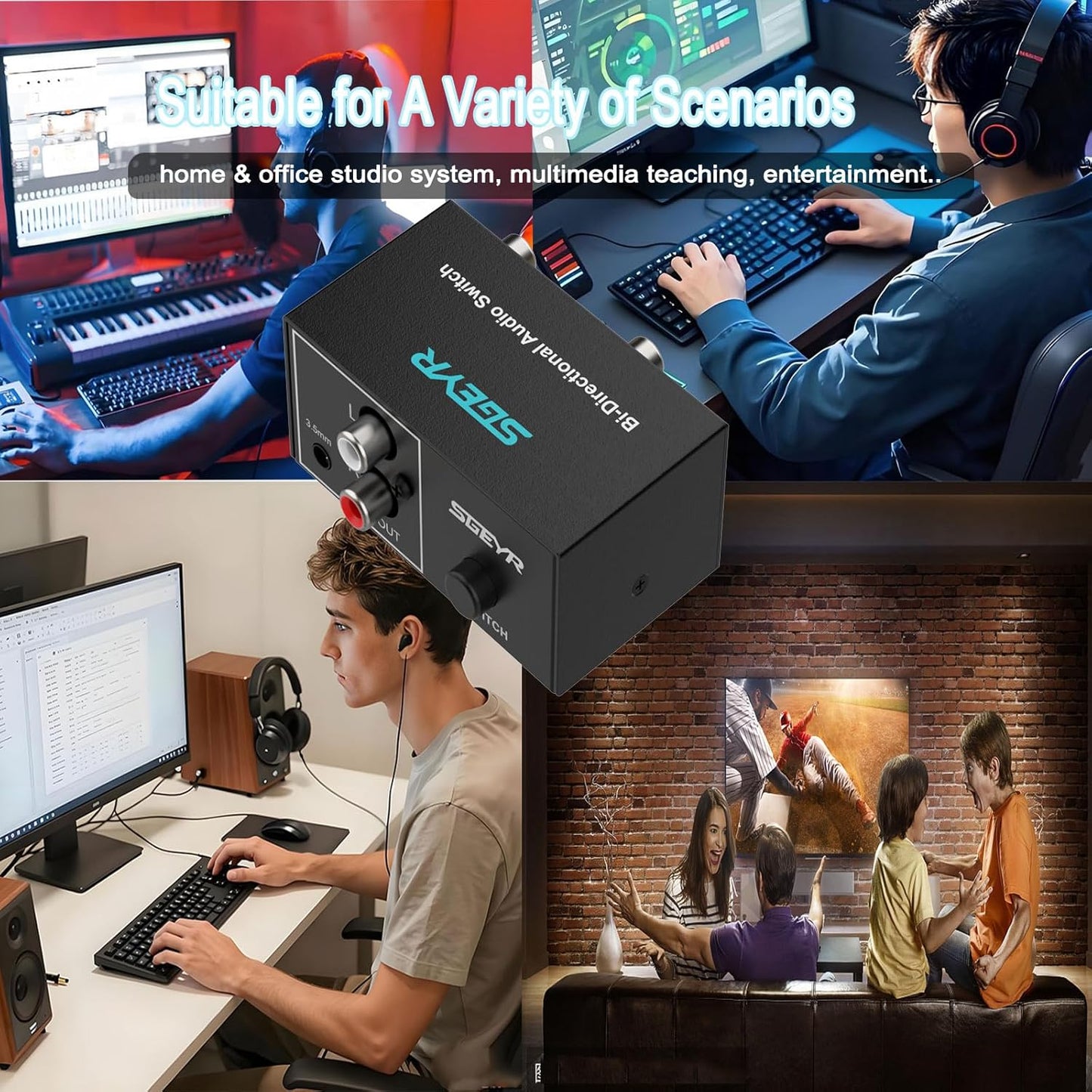 SGEYR 2 1 3.5mm RCA Switch in Out RCA switcher Selector Aux + RCA L/R Bi-Directional Stereo Audio Switcher A/B Analog