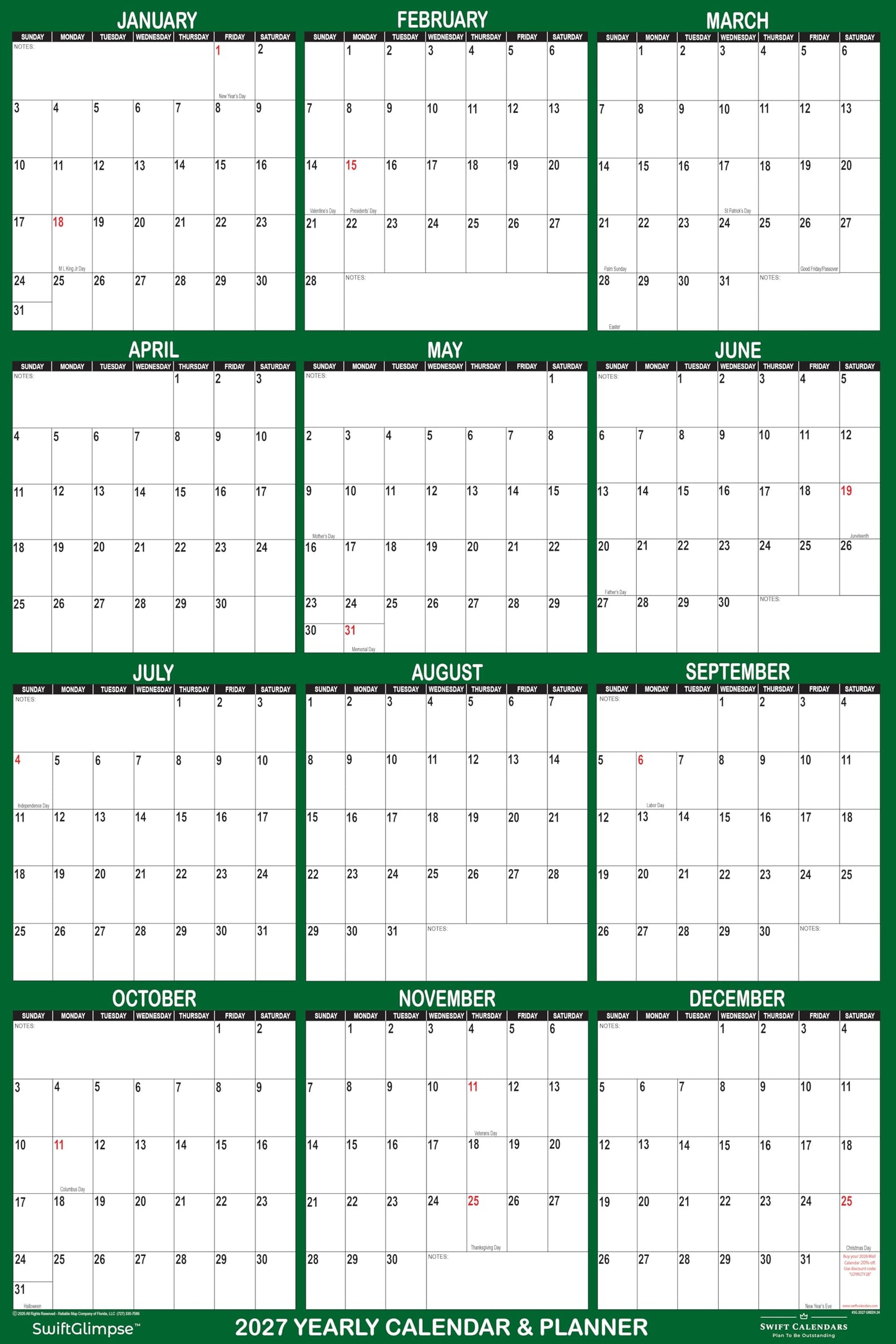 32" x 48" SwiftGlimpse 2027 Wall Calendar Erasable Large Wet & Dry Erase Laminated 12 Month Annual Yearly Wall Planner, Reversible, Horizontal/Vertical, GREEN