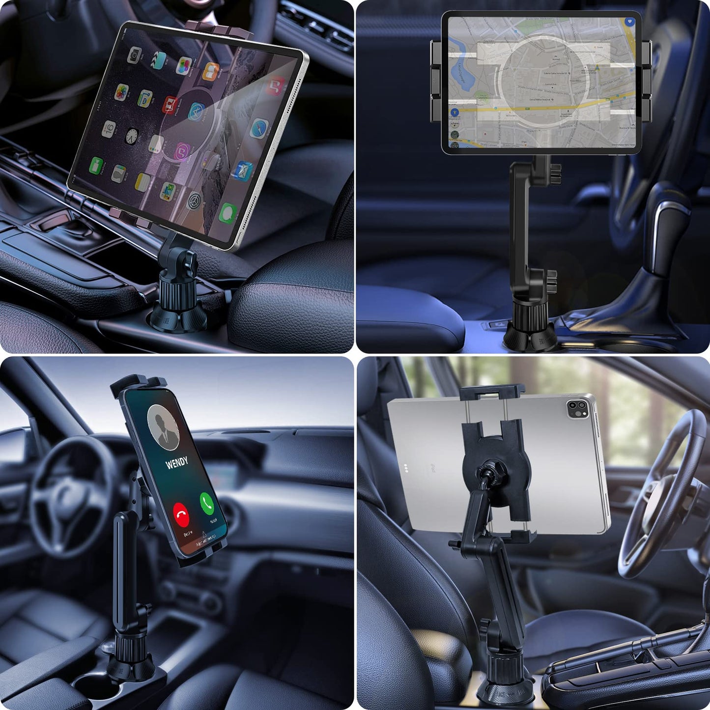Cup Holder Car Tablet Mount for Truck, 360° Adjustable 15" Long 2-Arm Stand Holder for iPad Pro 12.9/11/10.5/9.7/Air/Mini 6/5/4, Galaxy Tab/Z Fold 6/5/4, iPhone 17/16/Pro, 4.7-12.9" Tab &Phone