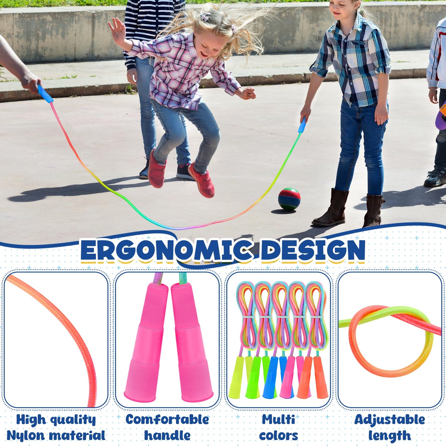 ZATAYE 6 Pack Kids Jump Rope, Colorful Gradient Nylon Skipping Ropes for Children, 7.55FT Adjustable Length, Plastic Handles, Lightweight Jumping Ropes for Schools, Events, and Family Fun