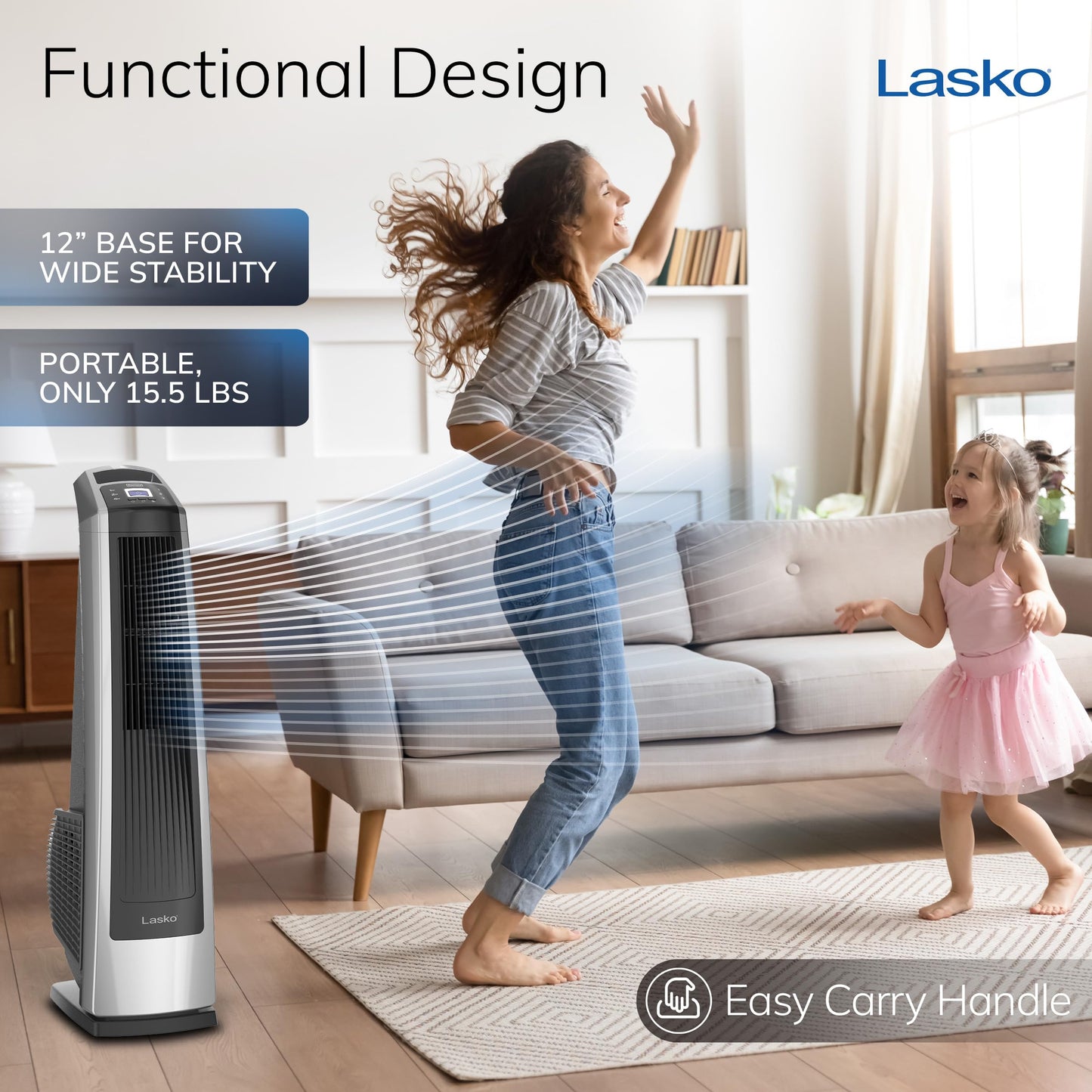 Lasko High Velocity Oscillating Tower Fan, 3 Powerful Speeds, Timer, Adjustable Directional Louvers, Remote Control, For Bedroom, Basement, Garage Use, Black/Silver, 35", U35120