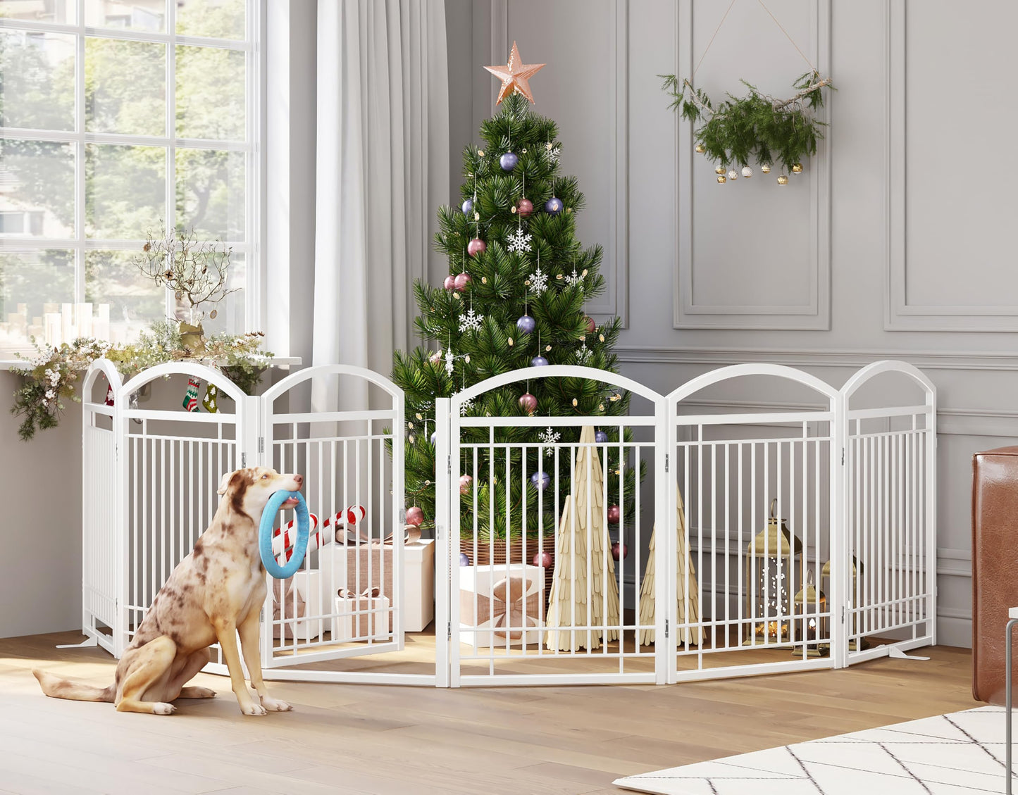 THKKY Folding No-Assembly Metal Freestanding Dog Gate with Door Walk Through,32" Height Pet Fence,144" Extra Wide Accordion Puppy Folding Playpen for Doorways,House,Stairs (6 Panels,White)