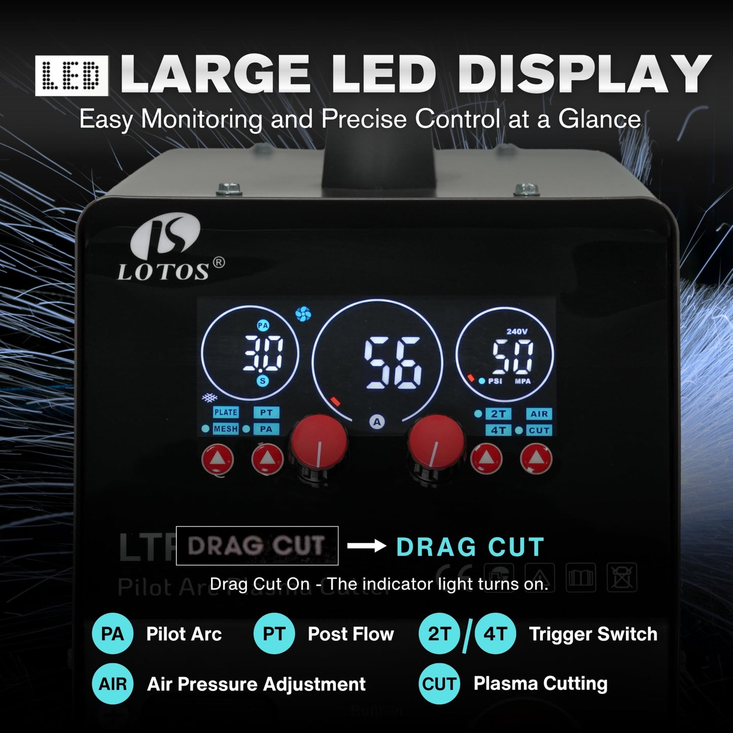LOTOS Apex LTP5600CD Plasma Cutter with Built-In Air Compressor, 56A, 5/8" Clean (3/4" Sever), Drag-Cut Ready, Non-Touch Pilot Arc, App-Style LED Panel, Upgraded Torch, 1/2" Max with Internal Air