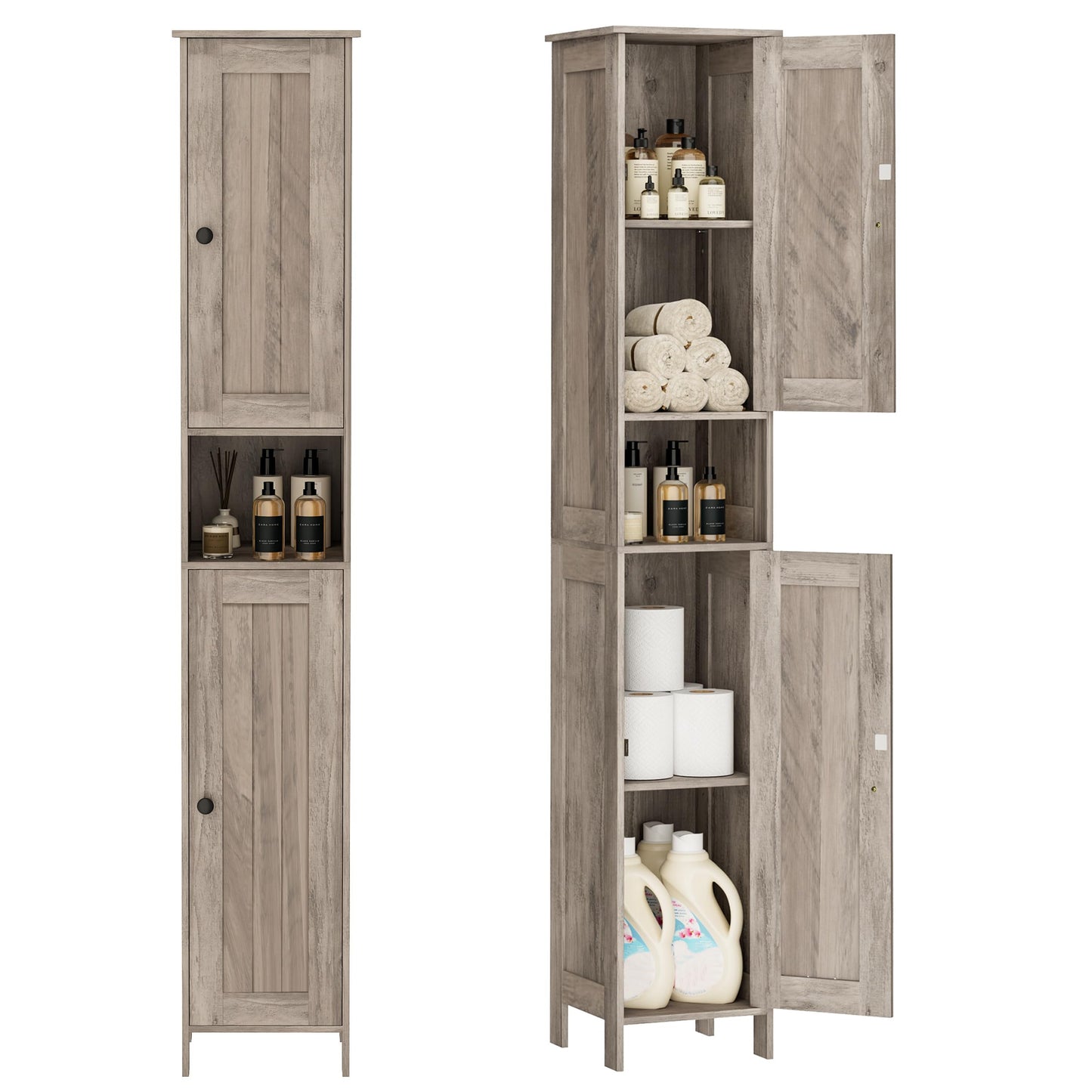 Homleke Tall Bathroom Storage Cabinet with 2 Doors, 67"H Narrow Storage Cabinet with Adjustable Shelves& Anti-Tip Design, Reversible Door Installation, Easy Assembly, 11.8 x 11.8 x 66.9 Inches, Greige