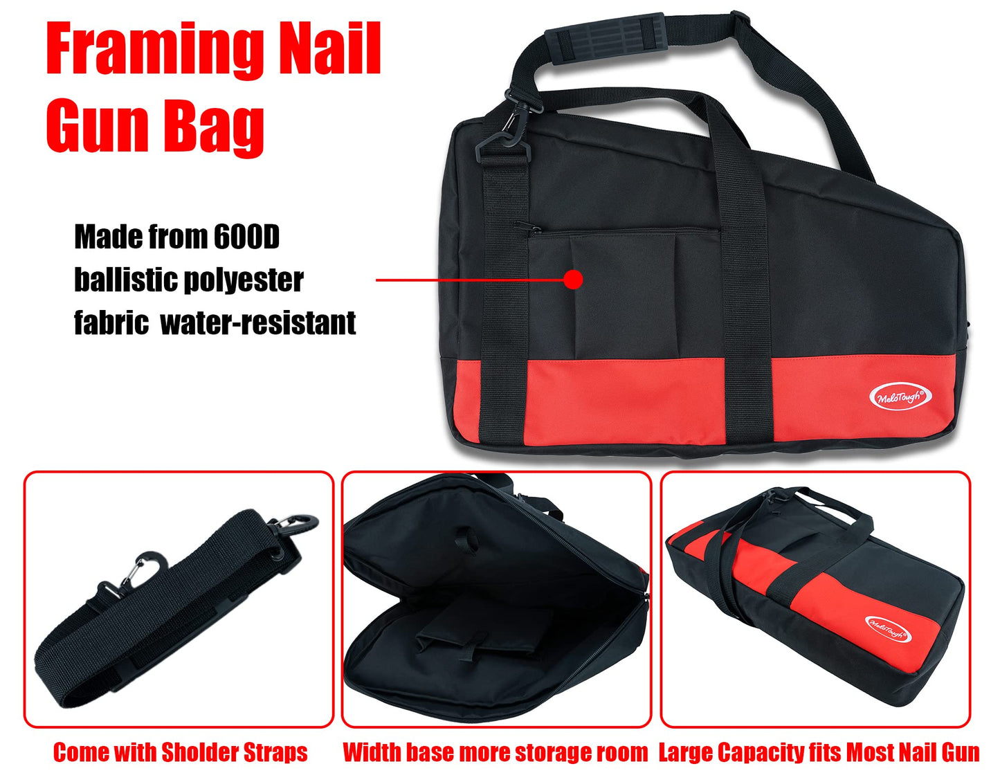 MELOTOUGH Heavy Duty Framing Nail Gun Tool Bag with Extra Storage Pockets Shoulder Strap, Rolling Tool Bag with Wheels, Concealed Telescoping Handle, Multi-Pocket Organizer
