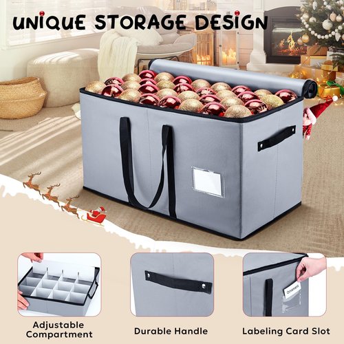 Mrrihand Ornament Storage Box - Dual Zipper Container for 128 Holiday Ornaments | 8 Trays, Grey