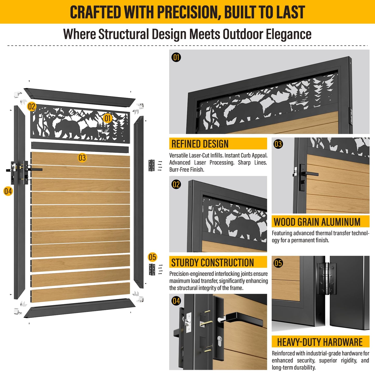 Brukid 4x5 FT Aluminum Fence Gate Kit Wood Grain Aluminum Gate with Decorative Cutout, Lock & Hinges, Left/Right Opening, Weather Resistant for Yard Garden Patio