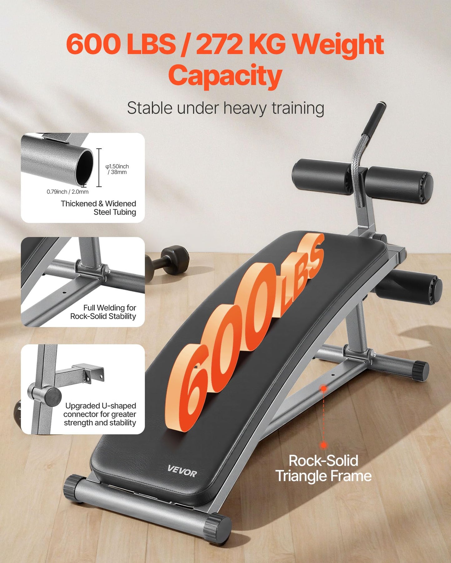 VEVOR Sit Up Bench, Curved Decline Ab Bench with Reverse Crunch Handle, with 6 Adjustable Height Setting, Heavy Duty Steel, 600 Lbs Capacity for Home Gym Workouts, Strength Training, Full Body Muscles