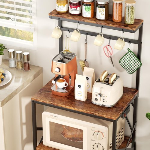 Korfile Kitchen Bakers Rack with Power Outlet, Small Coffee Bar Cart 4 Tiers, Microwave Stand Station with 8 S Hooks, Adjustable Shelf, Freestanding Kitchen Appliance Organizer, Rustic Brown