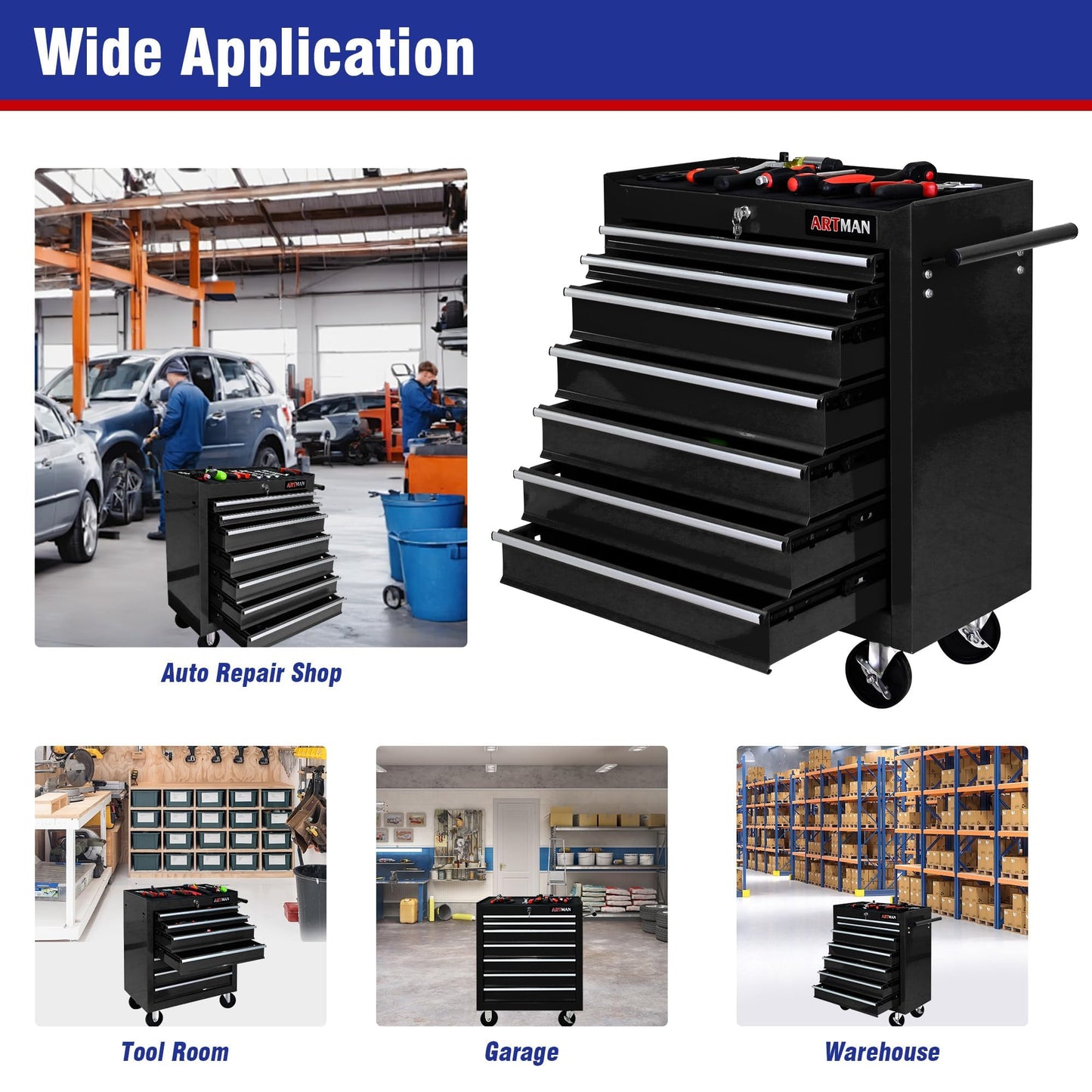 nifoti 7 Drawers Rolling Tool Cart on Wheels, Multifunctional Organizer Tool Chest Tool Case, Trolley Tool Storage Tool Box for Workshop,Garage,Repair Shop (7 Drawers 24.2" W×12.9" D×29.9" H-Black)
