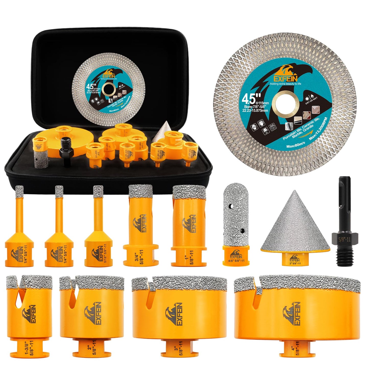 EXFEIN Diamond Tile Hole Saw Kit 13pcs - 6/6/8/19/25/35/50/75/102mm Core Drill Bits and EXFEIN Tile Drill Bits Kit 6mm 5pcs