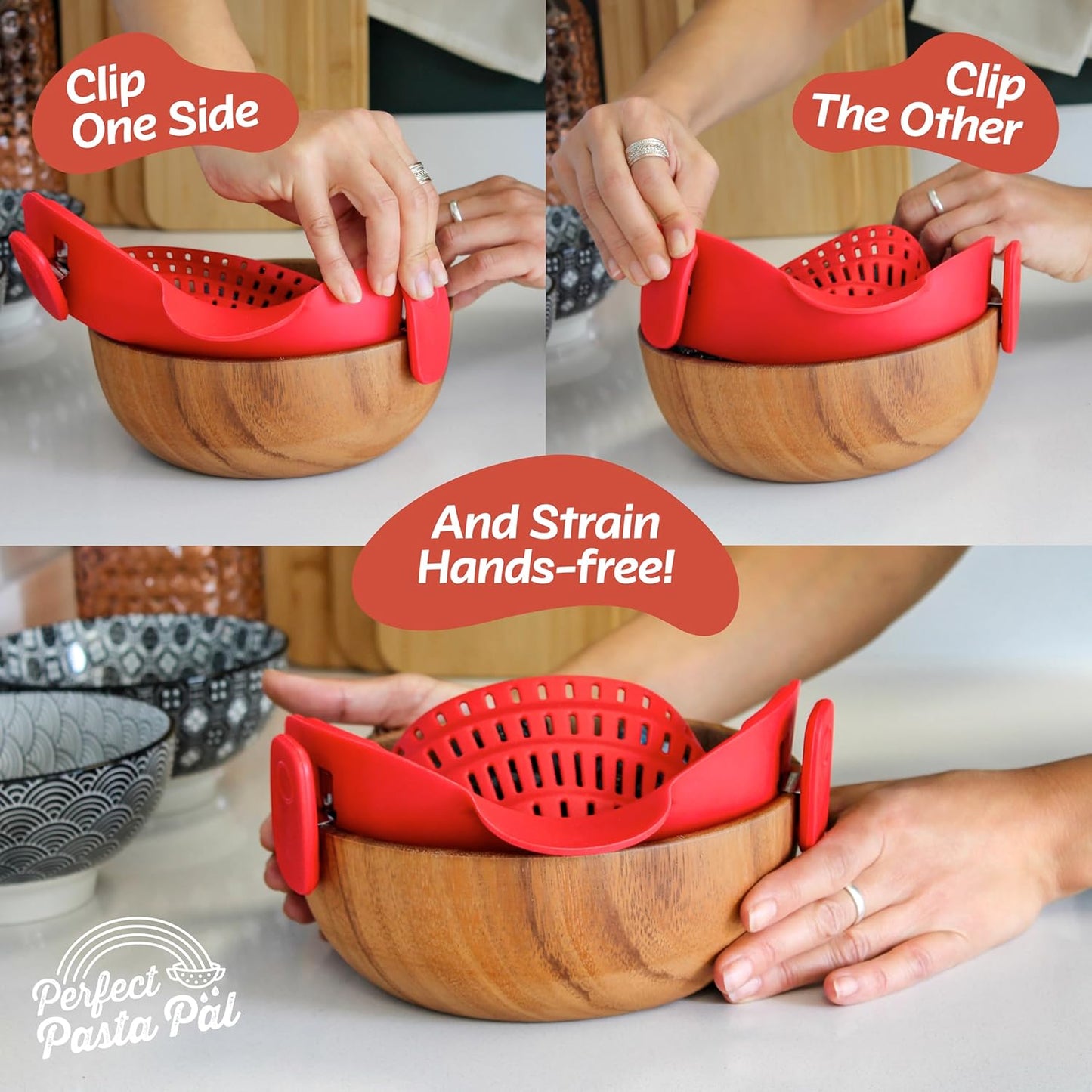 Perfect Pasta Pal Clip-On Strainer - Heat Resistant Silicone Colander | Space-Saving Kitchen Essential