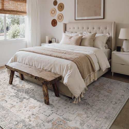 GENIMO 5X7 Area Rug - Machine Washable, Non-Slip Vintage Chenille Print for Living Room & Bedroom - Light Taupe Brown