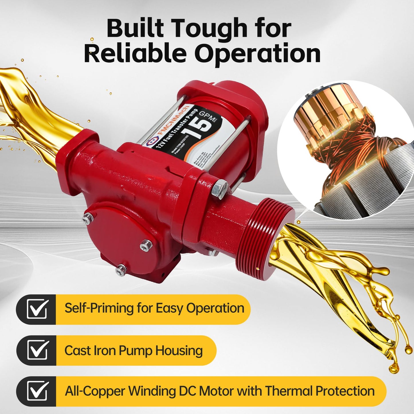 FMCNMech 12V Fuel Transfer Pump, 15 GPM Diesel Transfer Pump Kit with Automatic Shut-Off Nozzle, Heavy-Duty Fuel Pump with 13 ft Hose for Gasoline, Diesel & Kerosene
