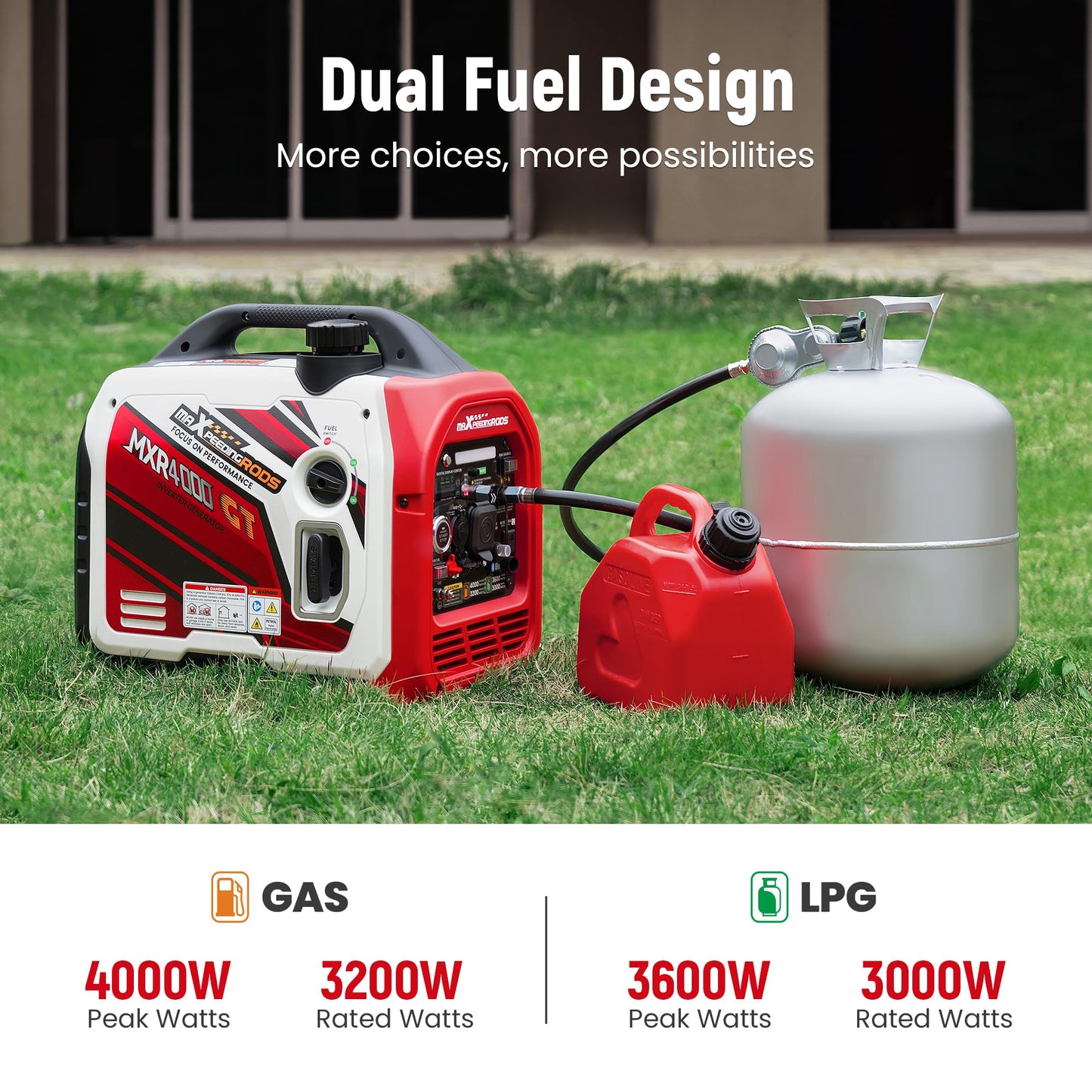 maXpeedingrods 4000 Watt Dual Fuel Inverter Generator with Bluetooth® Control Start and Display, RV Ready, Electric Start, Quiet for Outdoor Camping, Home Backup, Garden，PGMA Compliant