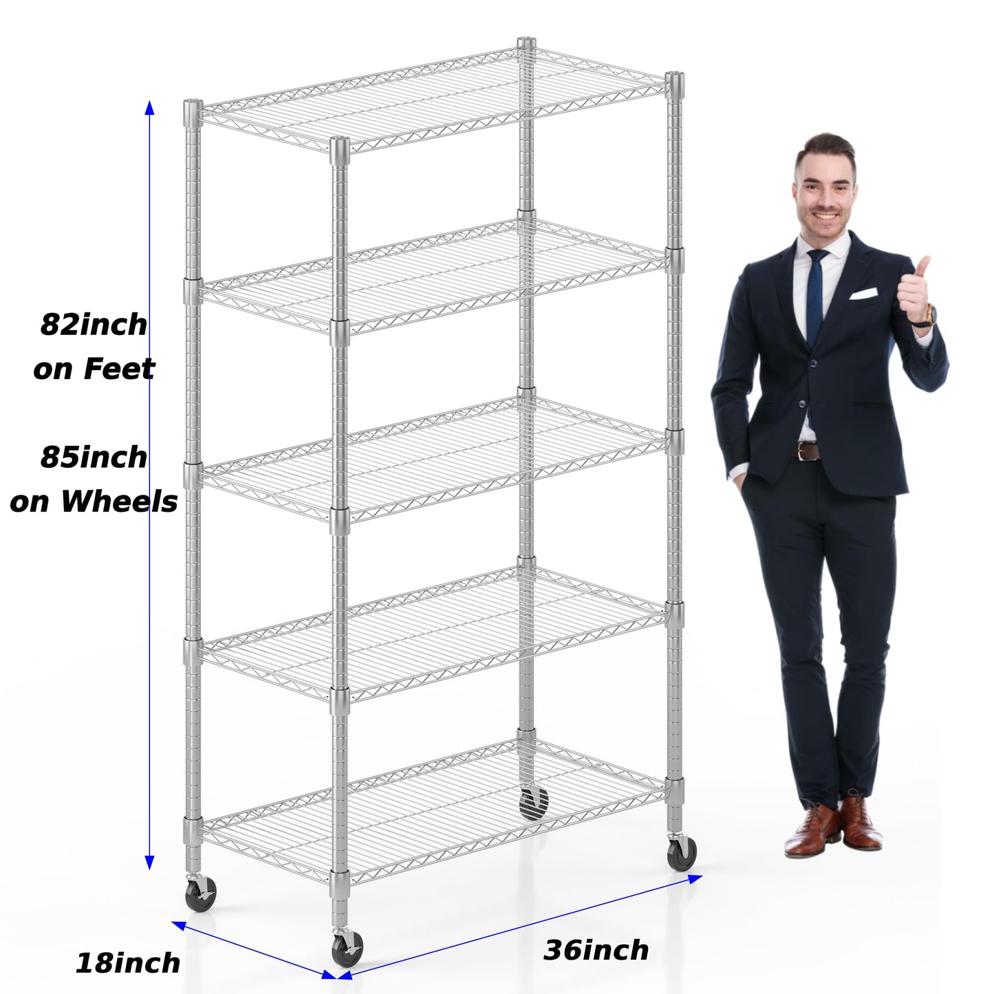 Homdox Heavy Duty Storage Shelves, 5 Tier Wire Shelving Unit with Wheels, Commercial Adjustable Metal Shelves for Storage, Garage Rack Pantry Shelves Kitchen Shelving, 18"x36"x82", Chrome