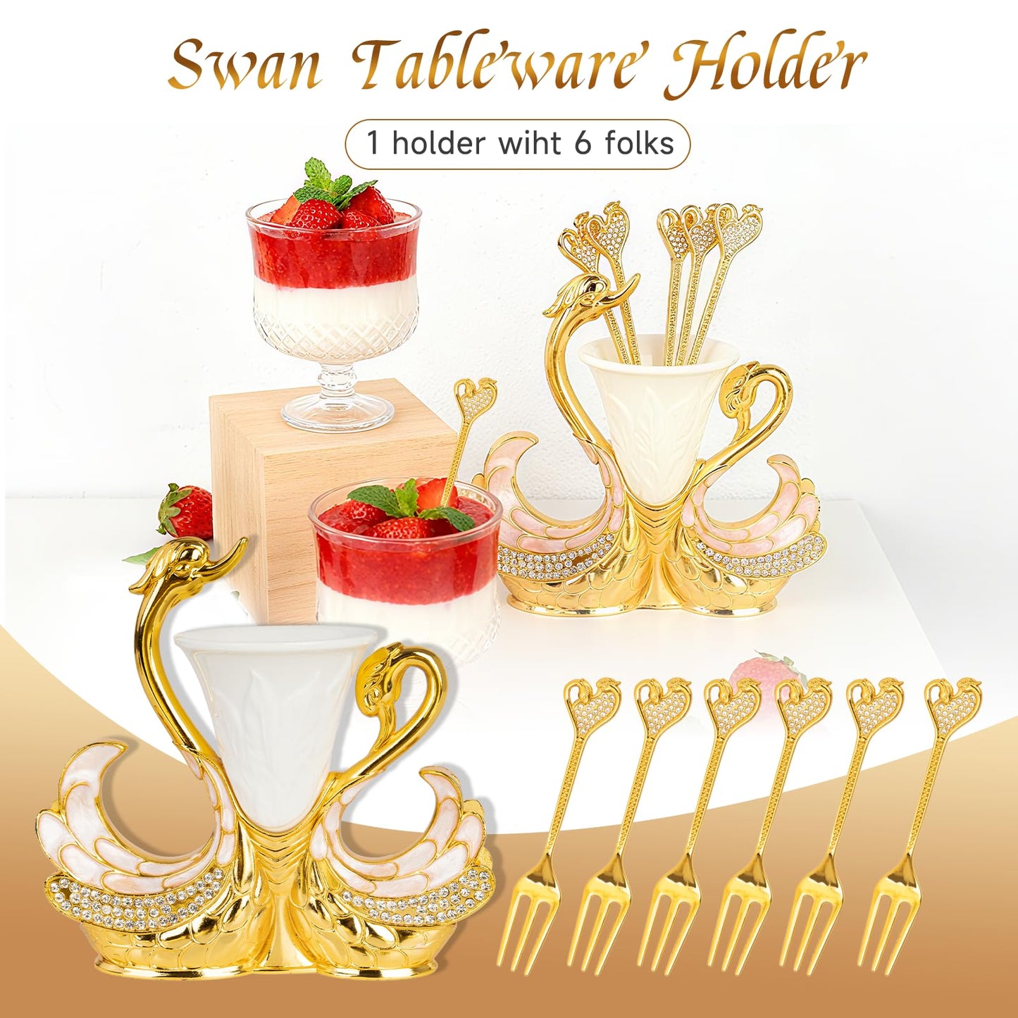 Gold Dessert Forks, Swan Base With 6 Pcs Mini Forks Set,4.5" Charcuterie Forks- Very Suitable for Dessert Shops or Family Use