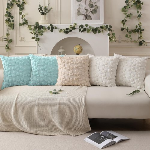 DFXSZ Spring Pillow Covers 18x18 inch Set of 2 Farmhouse Decor Cream White Eucalyptus Leaves Soft Plush Faux Fur Jacquard Spring Summer Throw Pillows for Bedroom Sofa Home Decor PTK023A18