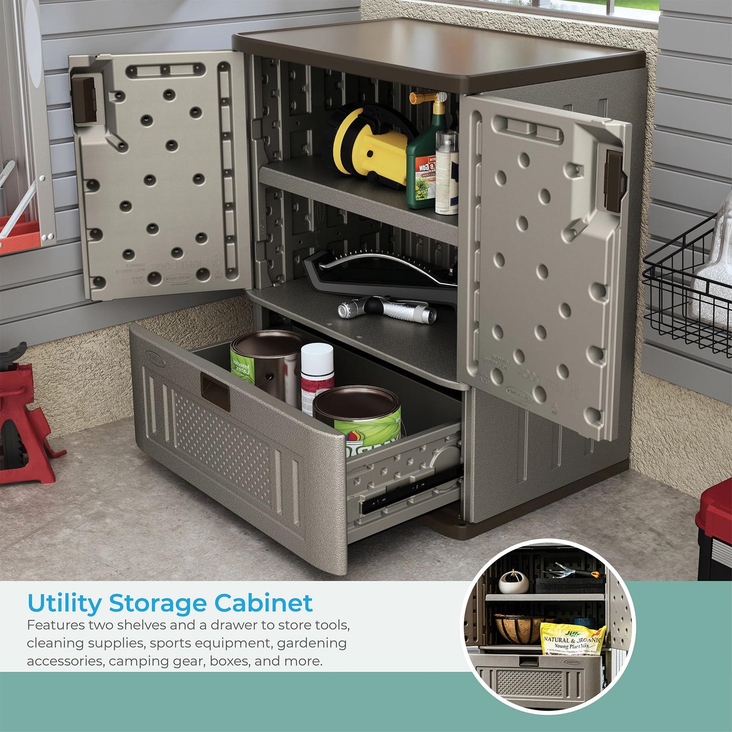 Suncast Base Storage Cabinet with Drawer for Garage Organization - Lockable Single-Drawer Organizer with Shelf for Garden Supplies, Paint Cans & Outdoor Tools, Multi-Wall Resin Construction, Platinum