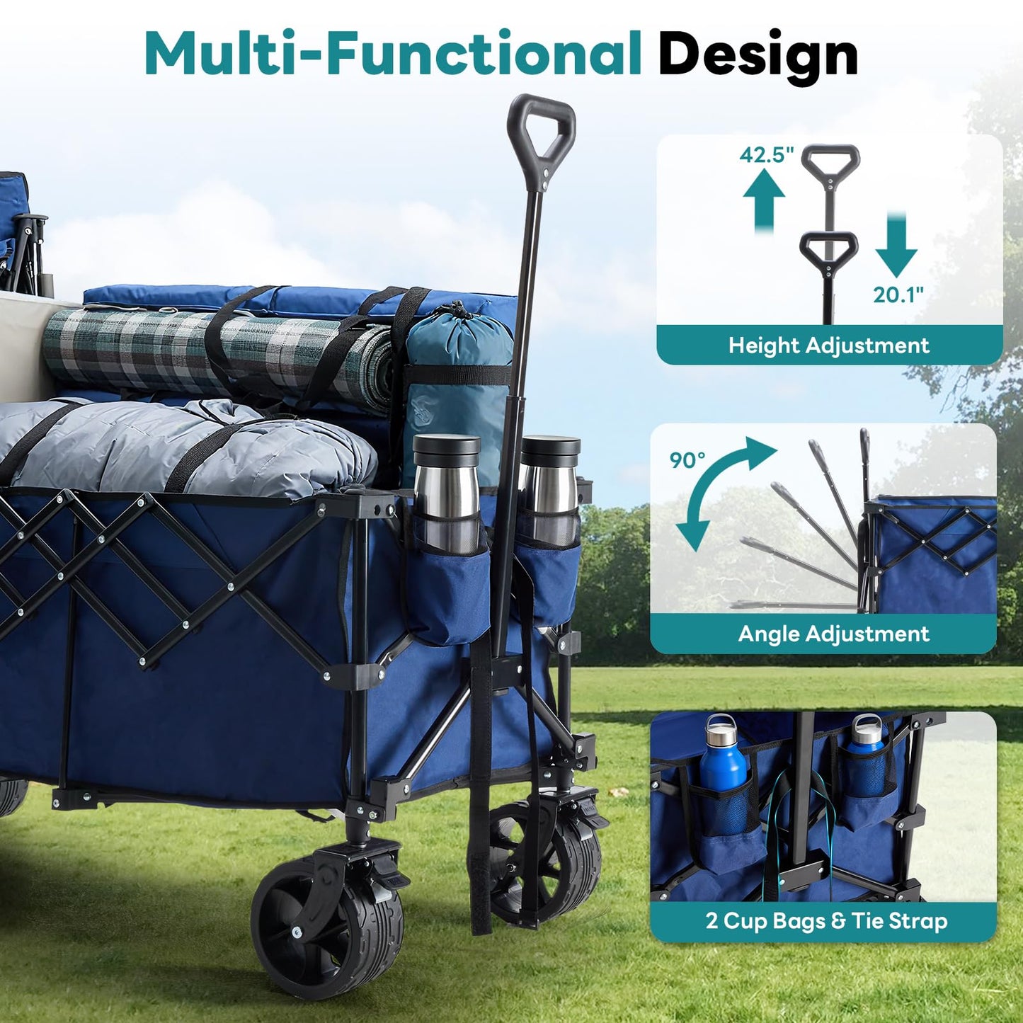OLIXIS 49" Extra Long Folding Wagon Cart, 440LBS Heavy Duty Collapsible Wagon with Big All-Terrain Wheels, 250L Portable Outdoor Utility Cart for Shopping, Garden, Camping, Grocery, Sports - Blue