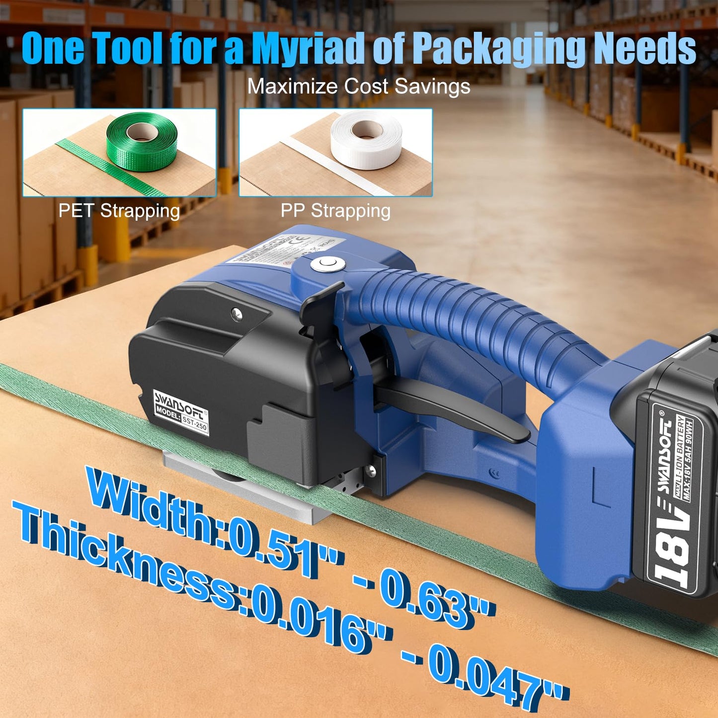 SWANSOFT Electric Strapping Machine,2500N Adjustable Tension,1/2-5/8 inch PP PET Strapping Tool,Semi Automatic Banding Tool with 2 x 5000mAh Batteries for Warehouse & Logistics Packaging Pallet Carton