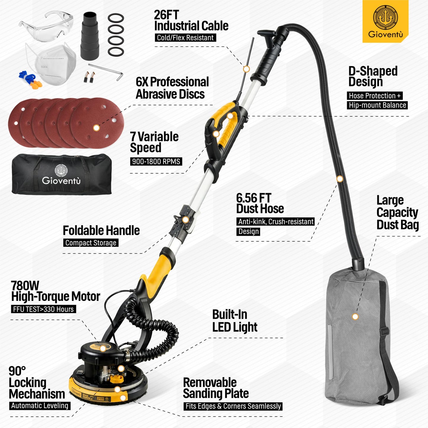 Dustless Drywall Sander with Auto Vacuum Dust Collector, 780W Foldable Electric Wall Sander, 26FT Power Cord, 7 Variable Speed 900-1800RPM, LED Light for Popcorn Ceiling, Interior Walls, Plaster