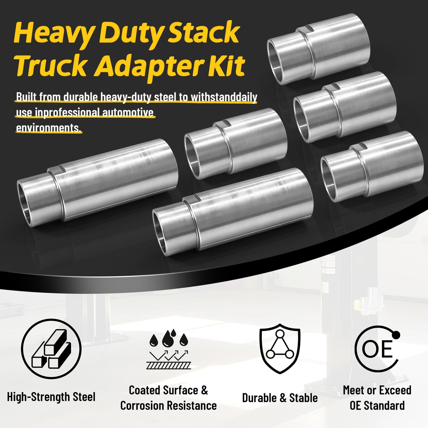 10315 Stack Truck Adapter Kit Compatible with Challenger Lifts CL10 E10 VS10, Includes (4) 3" & (2) 6" Stack Adapters with Organizer, 2.36" (60mm) pin Dia Fit for Challenger Two Post Automotive Lifts