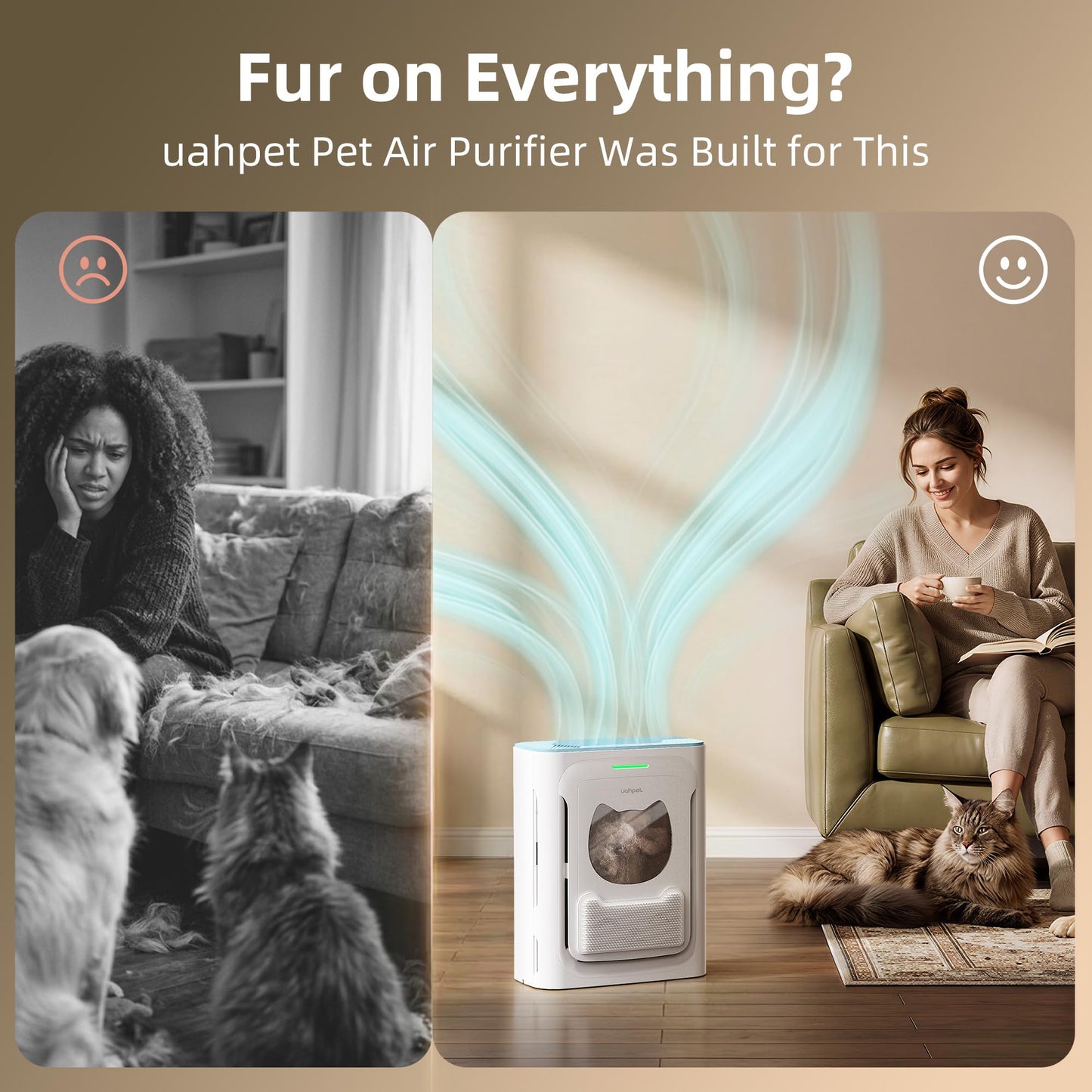 uahpet Pet Air Purifier, H13 HEPA Filter for Pet Hair, Dander & Odors, 2100 Sq Ft Coverage, Plug & Play No WiFi Required, Clog-Resistant Intake, Washable Pre Filter, Quiet 25dB