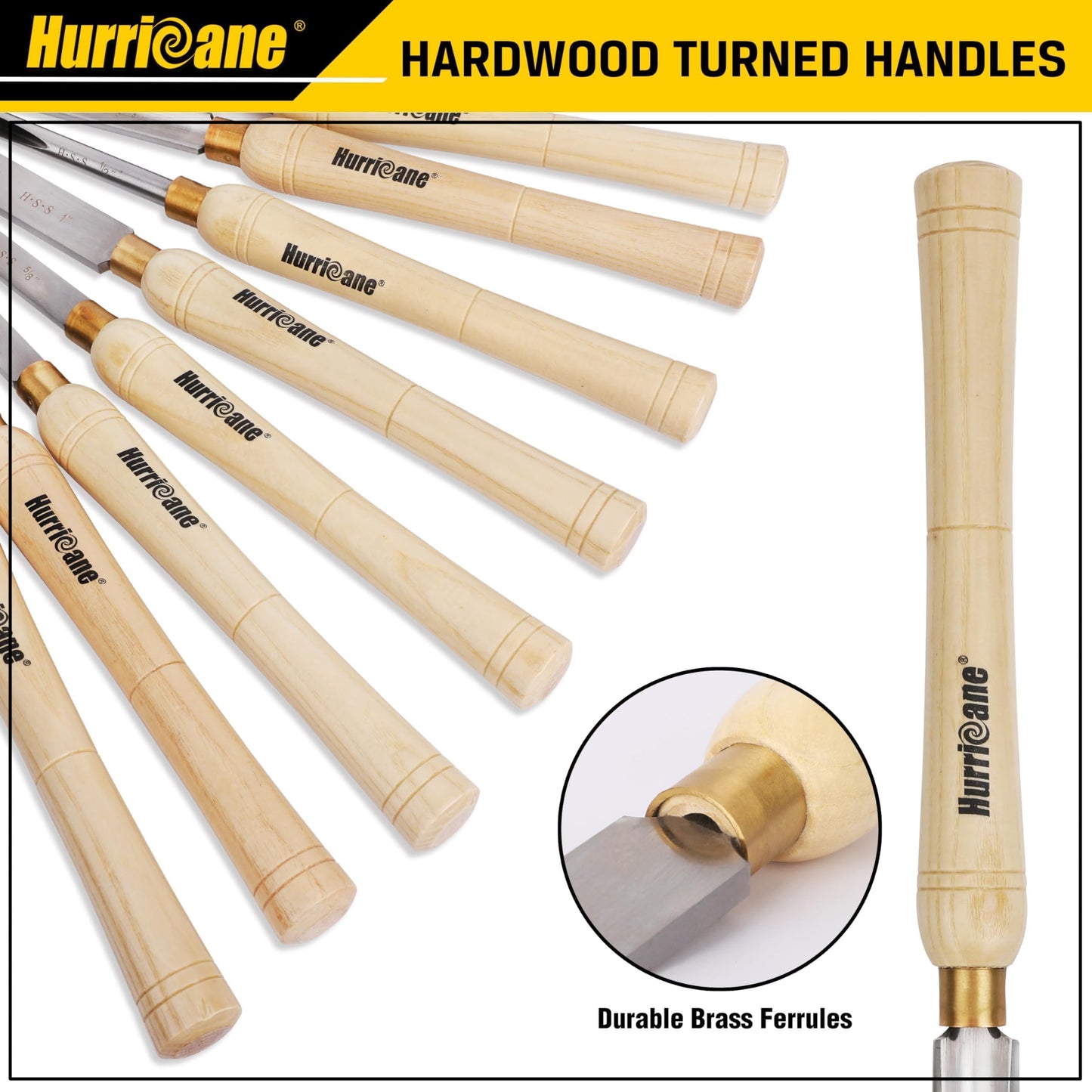 HURRICANE 8pc Wood Lathe Chisel Set, M2 HSS Wood Turning Tools with 10" Solid Hardwood Handles, Lathe Tool Kit for Beginners and DIY Hobbyists, Includes Protective Wooden Box