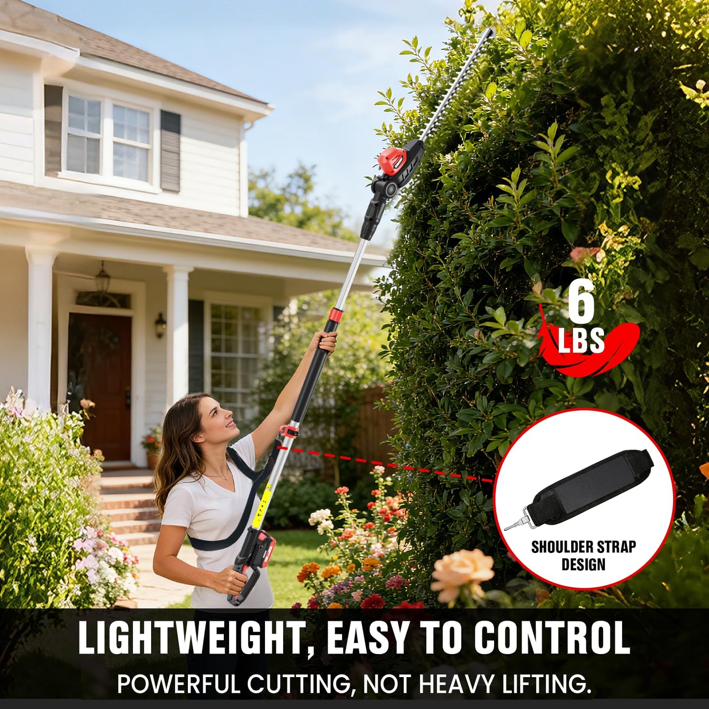 EWORK 20V Cordless Pole Hedge Trimmer with 2 Batteries and Charger, 18-Inch Blade Pole Trimmer, 6.3Ft-8.6Ft Extended Reach, 11-Angle Pivoting Head, Lightweight 6 LBS Battery Powered Bush Shrub Cutter