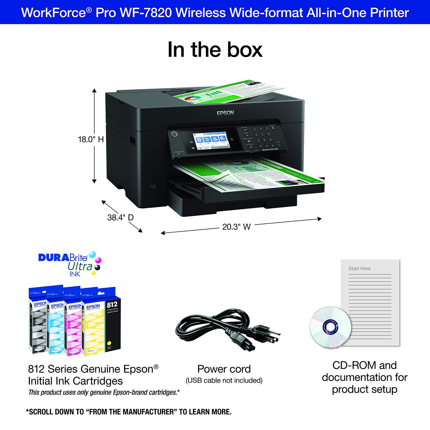 Epson Workforce Pro WF-7820 Wireless All-in-One Wide-Format Printer, Auto 2-Sided Print 13" x 19" Copy, Scan & Fax, 50-Page ADF, 250-sheet Paper Capacity, Works with Alexa - Black