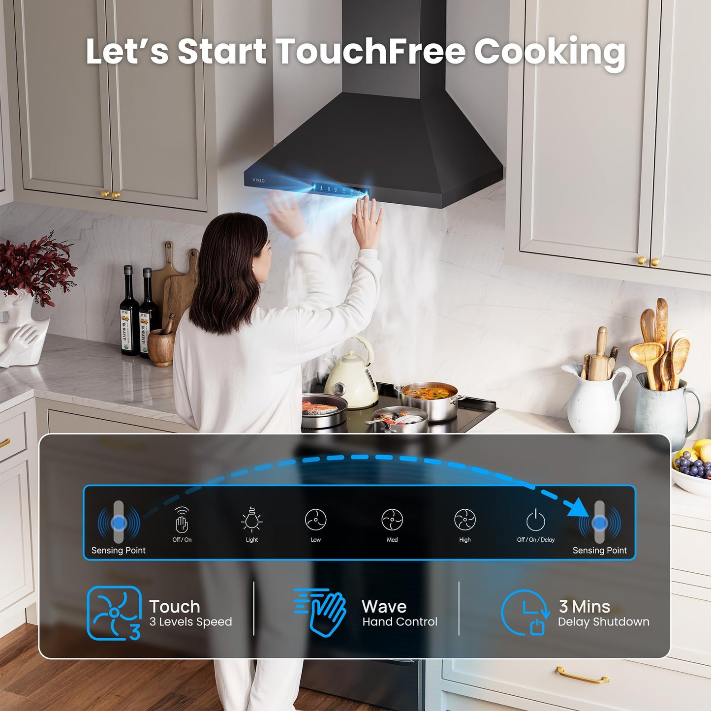 VIKIO HOME Wall Mount 36 Inch Range Hood 900 CFM, Ductless/Ducted Convertible, 3-speed Gesture Sensing & Touch Control, Black Painted Stainless Steel Vent Kitchen Hood with Permanent Baffle Filters