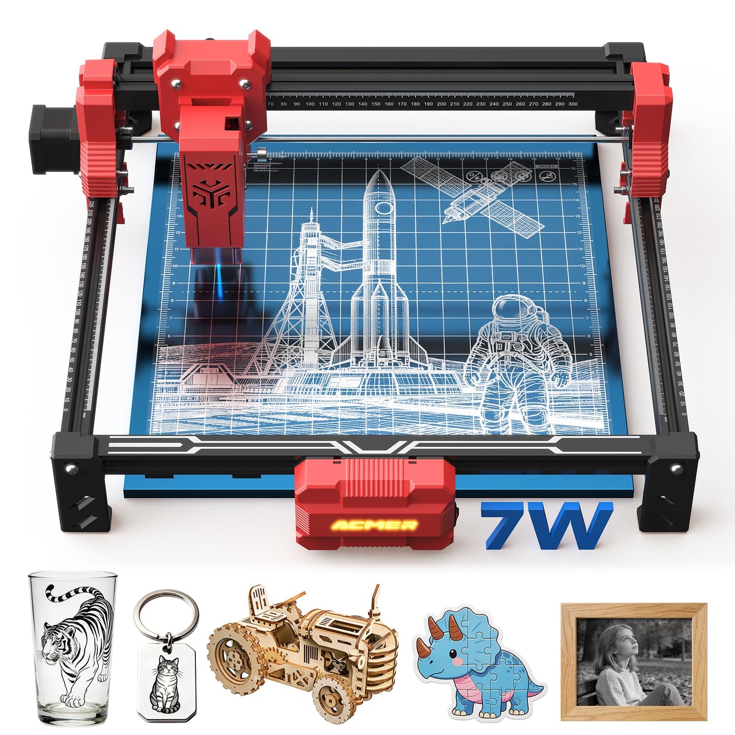 ACMER Laser Engraver Machine, Upgrade S2 7000mW Laser Cutter, 0.01mm Precision, 300×300mm Engraving Area, 10000mm/min Speed, for Wood, Metal, Acrylic, Leather, DIY & Education