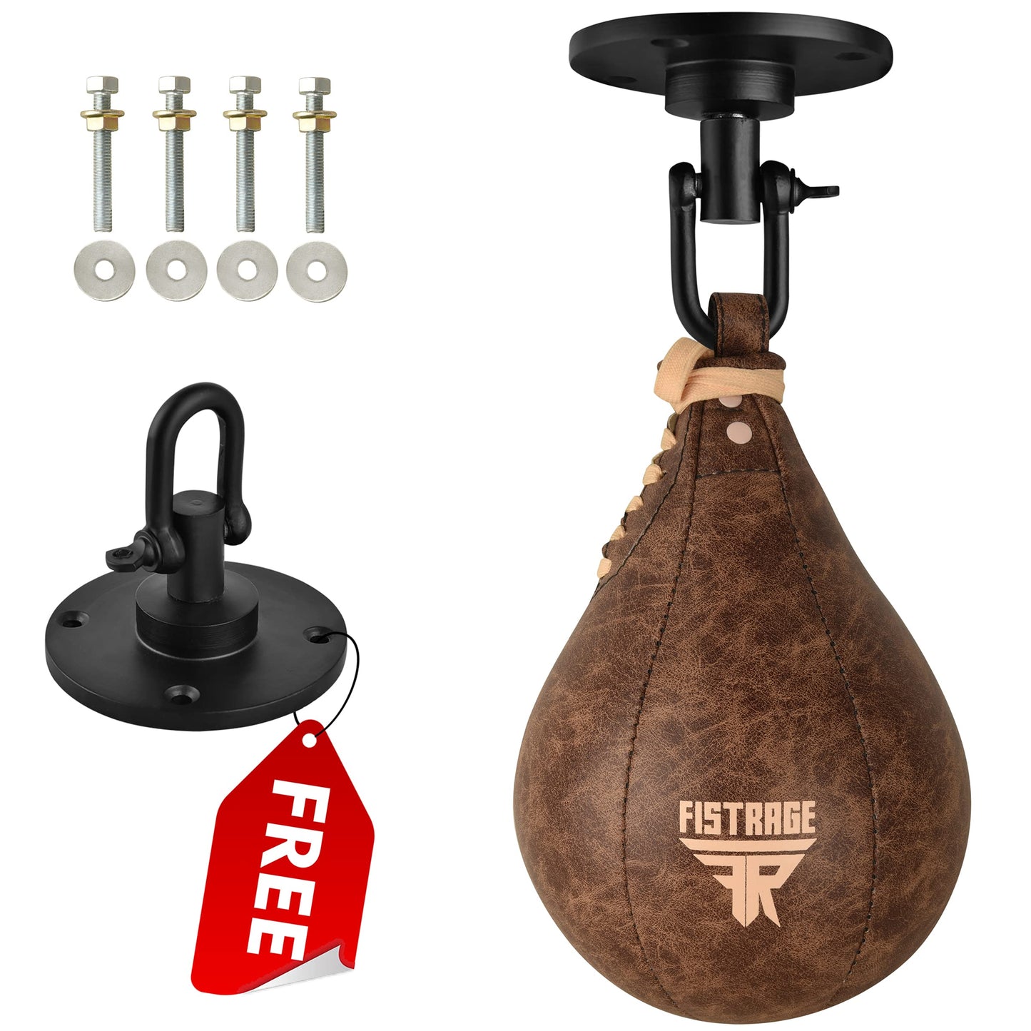 FISTRAGE Speed Bag Boxing Ball Leather MMA Muay Thai Training Punching Dodge Striking Kit with Free Hanging Swivel Workout Speedball Kicking Platform Equipment (Vintage Beige)