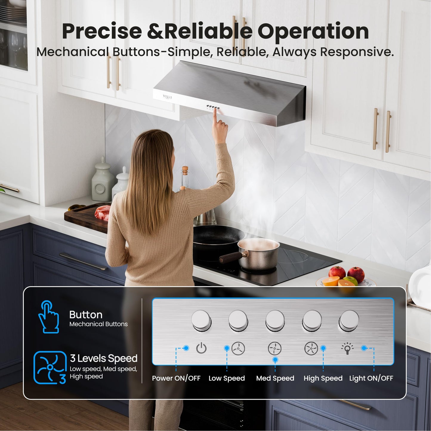 VIKIO HOME Under Cabinet Range Hood 42 Inch, 1200 CFM Dual-Motor Kitchen Vent with LED Lights, Button Control, Ducted Vent Hood, Reusable 5-Layer Aluminum Filters, Stainless Steel