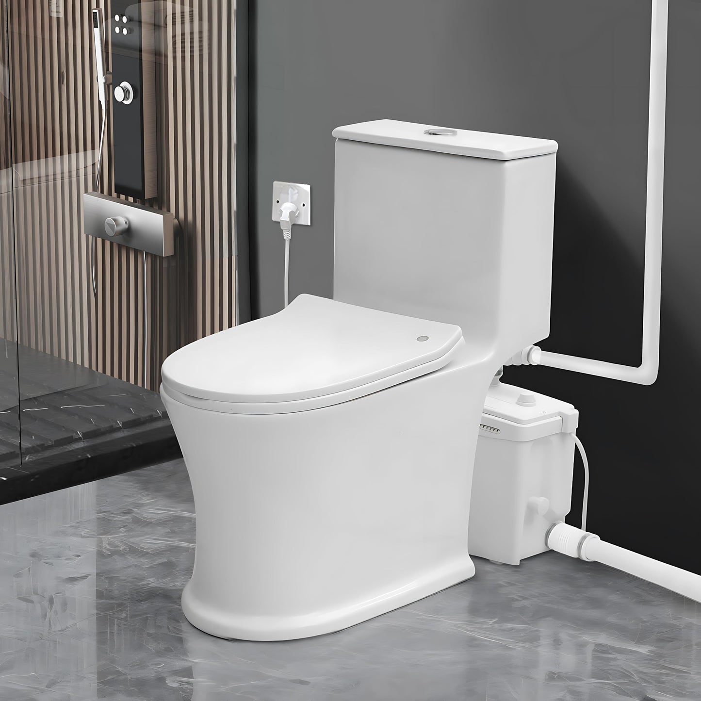Macerating Toilet with Pump–Upflush Toilet System for Basement/Attic, 4 Water Inlets & AC Vent, 36ft Vertical Lift, Dual Flush, Easy Install,16.9" Skirted Toilet