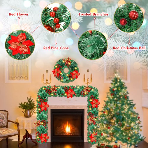 9Ft Pre-lit Christmas Garland with LED Lights Battery Operated, Holiday Decoration Stairs Wall Mantle Door Indoor Outdoor, Decorated with Red Flower, Balls, Berries, Snowy Pine, Christmas Collection