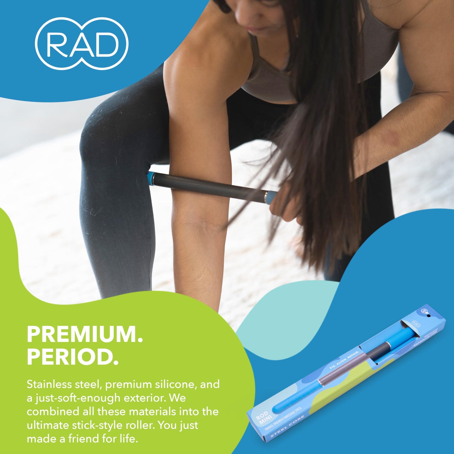 RAD Rod Mini – 16in Compact Deep Tissue Massage Roller Stick – Travel-Ready Myofascial Release Tool for Legs, Back, Neck, Arms & Shoulders – Muscle Roller for Mobility & Recovery
