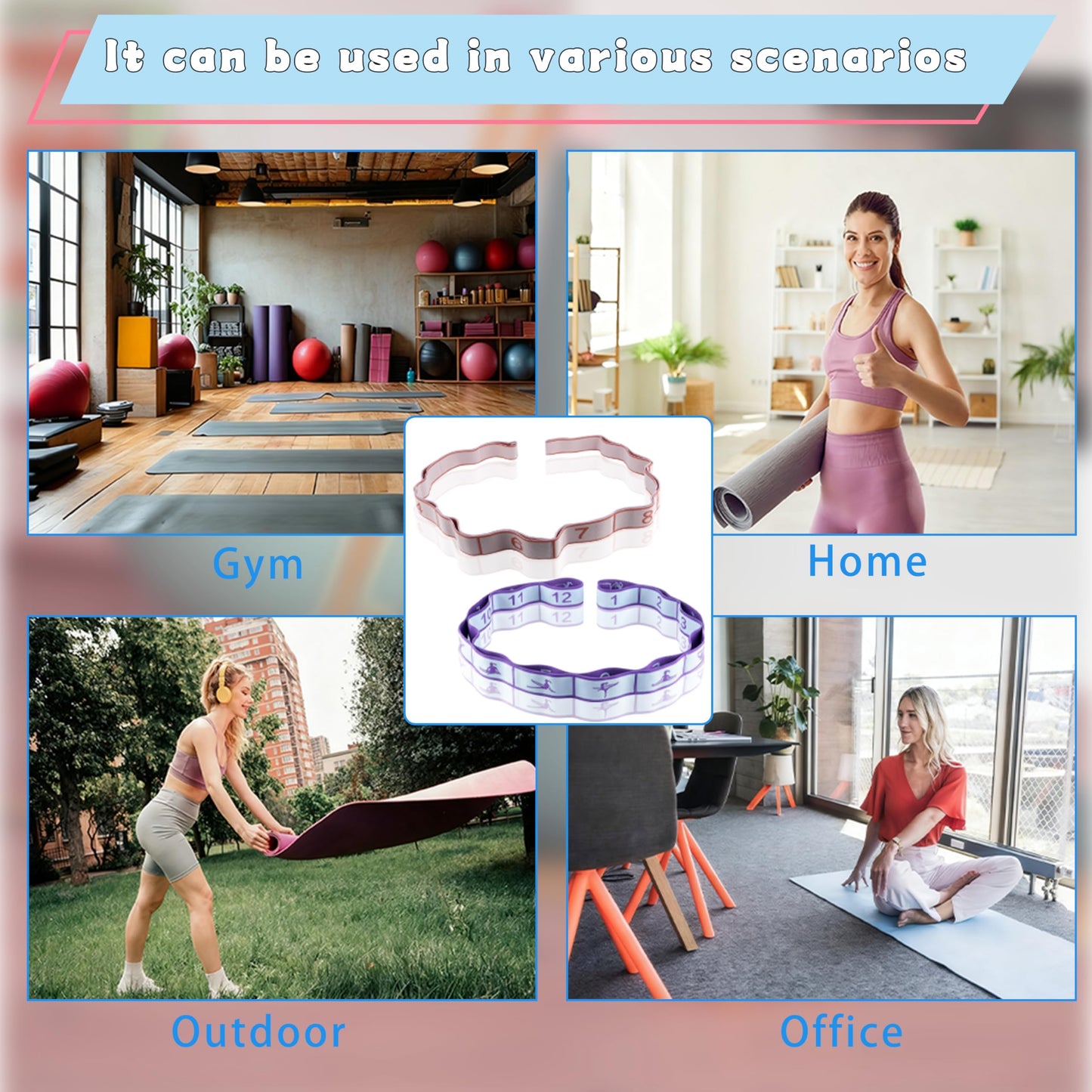 2PCS Elastic Yoga Stretching Strap with 12 Loops Stretch Resistance Exercise Bands for Yoga,Pilates,Dance,Rhythmic Gymnastics,Physical Therapy,Ballet Couple Style