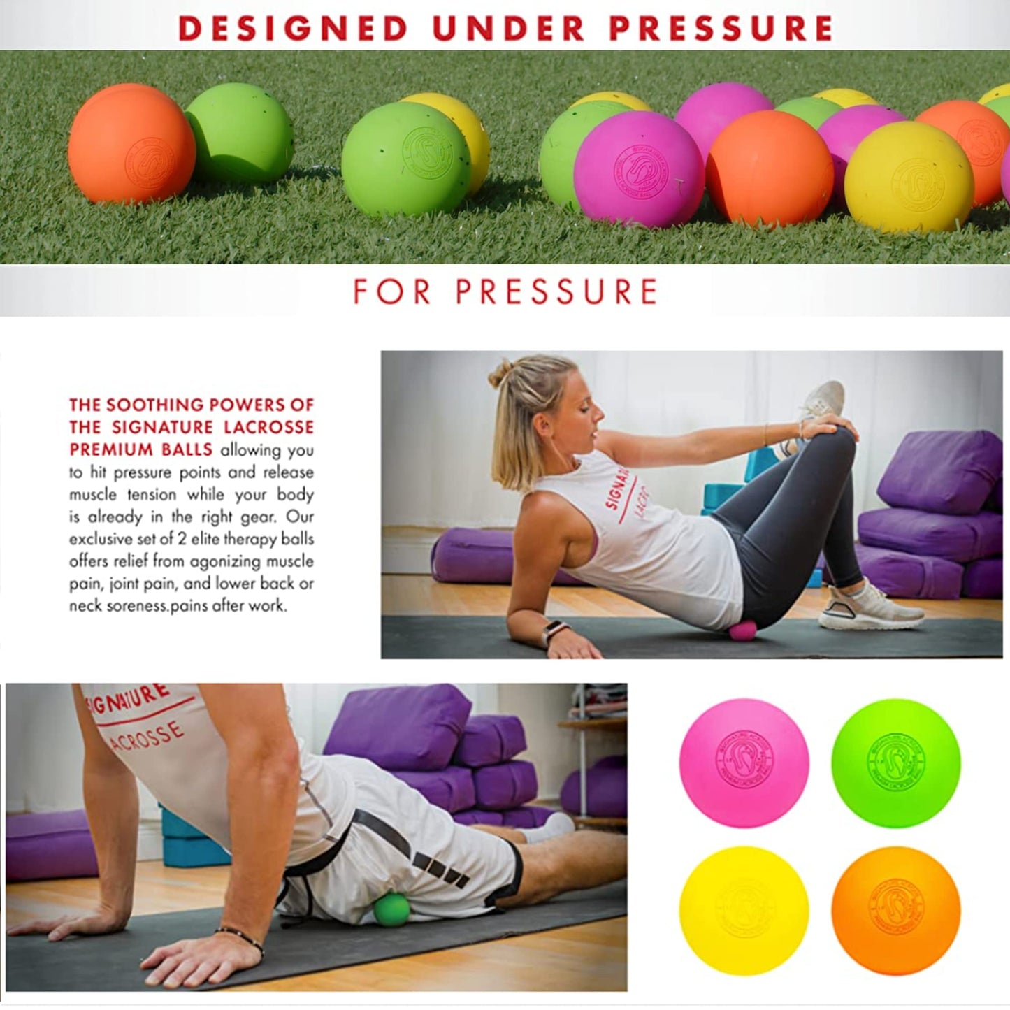 Signature Lacrosse Ball Set - Packs of 2, 4, 8, 12, and 100 - No Chemical Smell Massage Balls, Myofascial Release Tools, Back Roller, Muscle Knot Remover