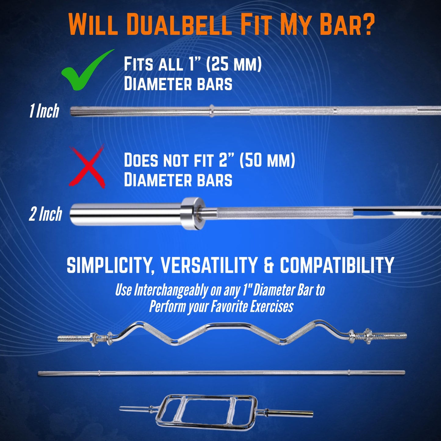 DUALBELL Dumbbell Barbell Adapters, Blue w/Yellow Weight Collars for 1" Bar, Dumbbell Converters Quickly Connect Dumbbells to Barbell Securely for Home Gym Workouts