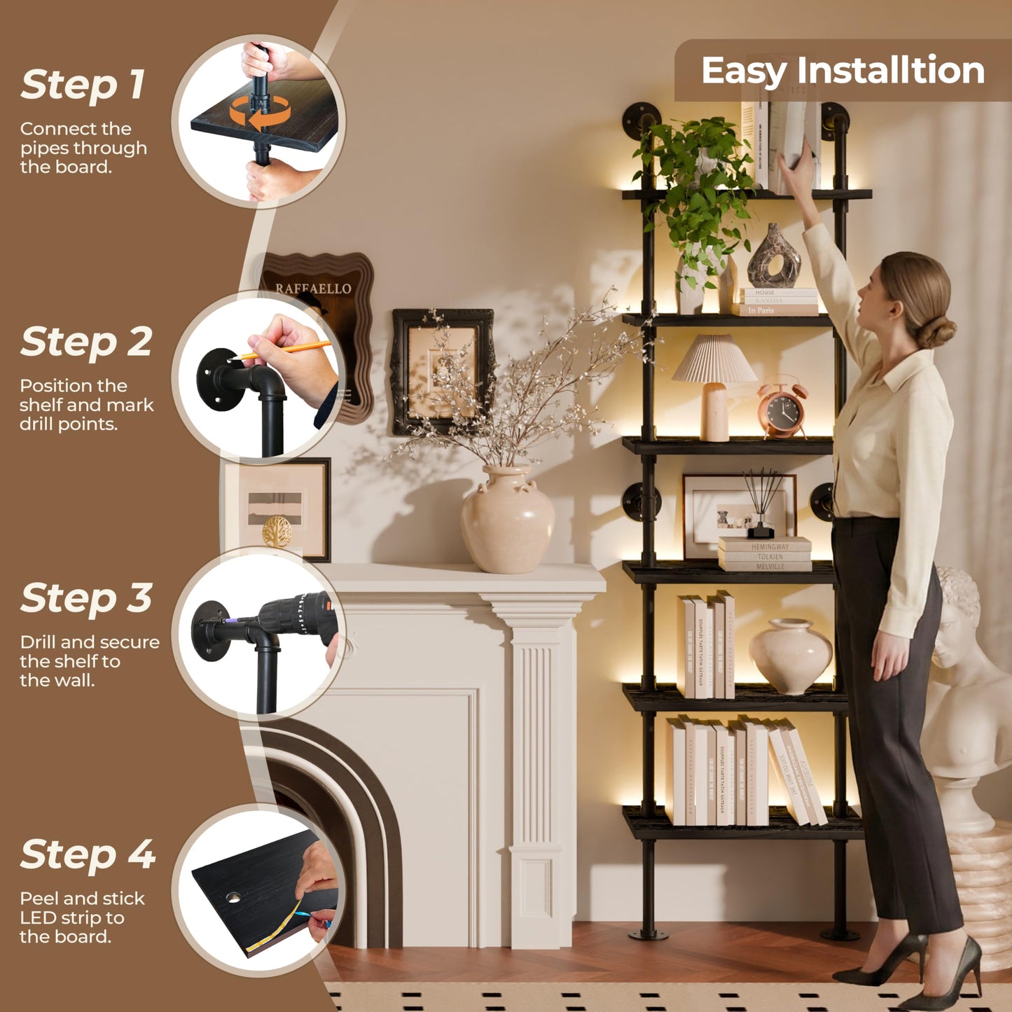 Anynice 6-Tier Ladder Shelf with Warm LED Light Strip, Solid Pine Wood Wall Mounted Bookshelf in Black, 24-Inch Industrial Pipe Bookcase for Living Room, Bedroom, Home Office