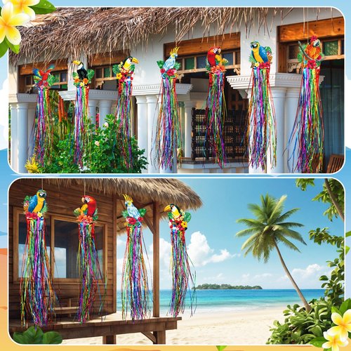 Affrolling 8 Pcs Tropical Birds Party Decoration Hawaiian Luau Tiki Jungle Theme Hanging Outdoor Decor with Tassels for Birthday Party Supplies 3.3 ft Summer Bird Toucan Leaf Garland Door Banner Sign