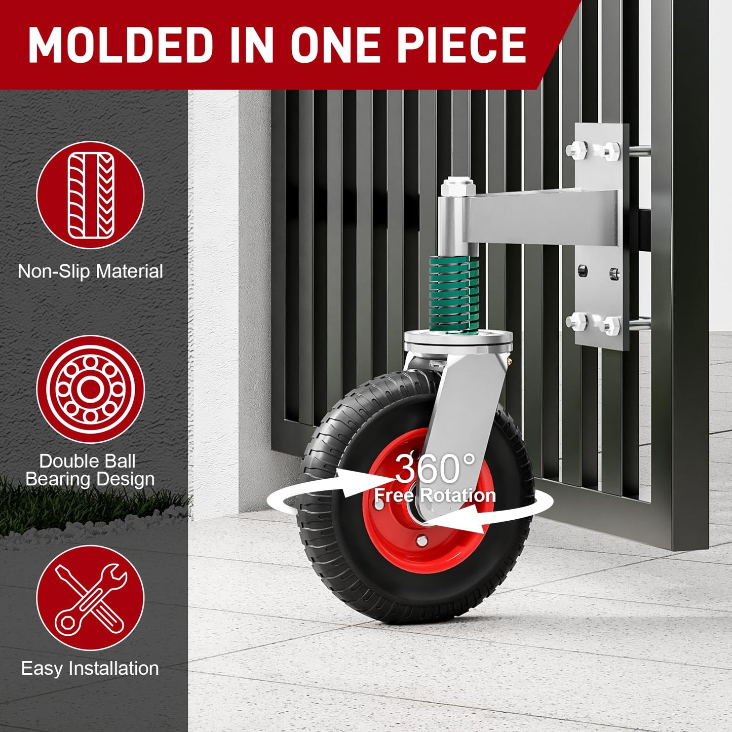 DOZAWA Gate Wheel, 8 Inch Heavy Duty Fence Gate Wheels for Wooden Gate and Metal Tube Gate, Support to 700 lbs, Spring-Loaded 360 Degree Rotation Gate Caster Kit (Red)