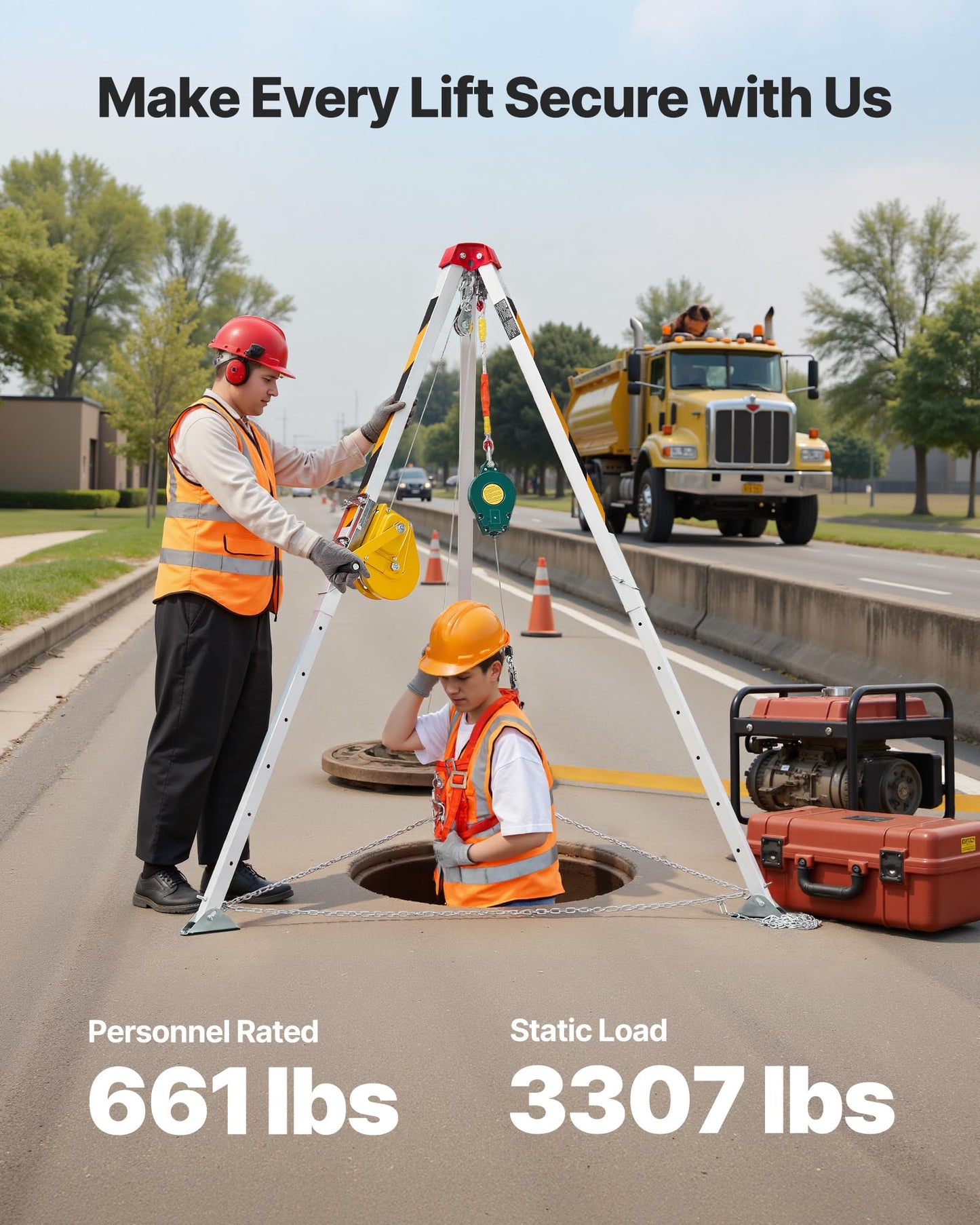 VEVOR Confined Space Tripod Kit, Heavy Duty Rescue Tripod Lifting Hoist 1800 lbs Winch, 4.1 ft Adjustable Legs, 65 ft Cable Portable Kit, 32.8 ft Fall Protection, 4.40-7.05 ft Working Height